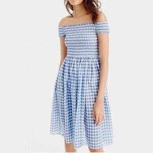 J.Crew Blue Gingham Smocked Off-the-Shoulder Midi Dress XL G6008 Cotton